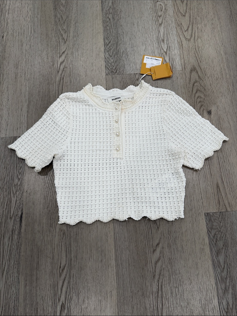 Sandro Cream Crochet Short Sleeve Button Front Top